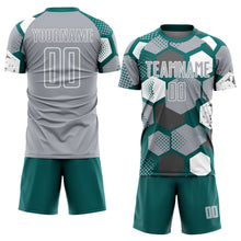 Laden Sie das Bild in den Galerie-Viewer, Custom Teal Gray-White Geometric Shape Sublimation Soccer Uniform Jersey