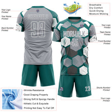 Laden Sie das Bild in den Galerie-Viewer, Custom Teal Gray-White Geometric Shape Sublimation Soccer Uniform Jersey