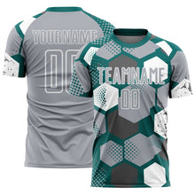 Laden Sie das Bild in den Galerie-Viewer, Custom Teal Gray-White Geometric Shape Sublimation Soccer Uniform Jersey
