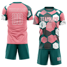 Загрузить изображение в средство просмотра галереи, Custom Teal Medium Pink-White Geometric Shape Sublimation Soccer Uniform Jersey