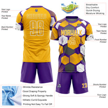 Загрузить изображение в средство просмотра галереи, Custom Purple Gold-White Geometric Shape Sublimation Soccer Uniform Jersey