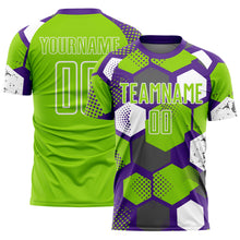 Загрузить изображение в средство просмотра галереи, Custom Purple Neon Green-White Geometric Shape Sublimation Soccer Uniform Jersey