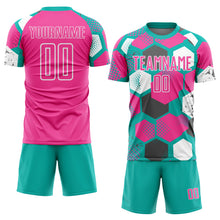 Load image into Gallery viewer, Custom Aqua Pink-White Geometric Shape Sublimation Soccer Uniform Jersey