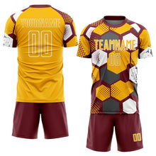 Загрузить изображение в средство просмотра галереи, Custom Burgundy Gold-White Geometric Shape Sublimation Soccer Uniform Jersey