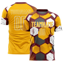 Загрузить изображение в средство просмотра галереи, Custom Burgundy Gold-White Geometric Shape Sublimation Soccer Uniform Jersey