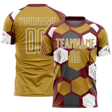 Load image into Gallery viewer, Custom Burgundy Old Gold-White Geometric Shape Sublimation Soccer Uniform Jersey
