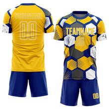 Laden Sie das Bild in den Galerie-Viewer, Custom Royal Yellow-White Geometric Shape Sublimation Soccer Uniform Jersey