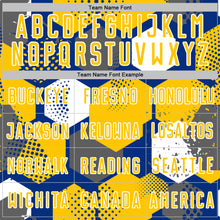 Laden Sie das Bild in den Galerie-Viewer, Custom Royal Yellow-White Geometric Shape Sublimation Soccer Uniform Jersey