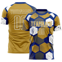 Load image into Gallery viewer, Custom Royal Old Gold-White Geometric Shape Sublimation Soccer Uniform Jersey