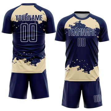 Custom Navy Cream-White Abstract Fragment Art Sublimation Soccer Uniform Jersey