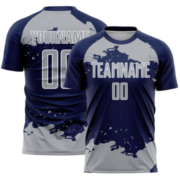 Custom Navy Gray-White Abstract Fragment Art Sublimation Soccer Uniform Jersey