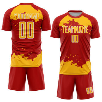 Custom Red Gold-White Abstract Fragment Art Sublimation Soccer Uniform Jersey