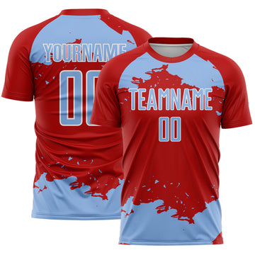 Custom Red Light Blue-White Abstract Fragment Art Sublimation Soccer Uniform Jersey