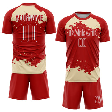Custom Red Cream-White Abstract Fragment Art Sublimation Soccer Uniform Jersey