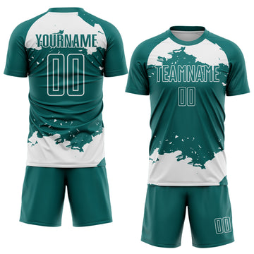Custom Teal White Abstract Fragment Art Sublimation Soccer Uniform Jersey