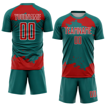 Custom Teal Red-White Abstract Fragment Art Sublimation Soccer Uniform Jersey
