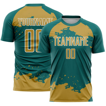 Custom Teal Old Gold-White Abstract Fragment Art Sublimation Soccer Uniform Jersey