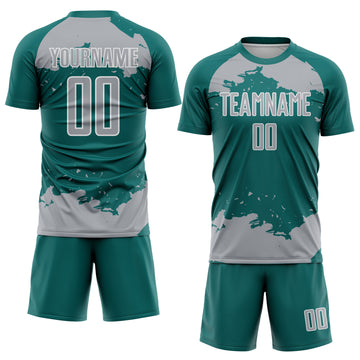 Custom Teal Gray-White Abstract Fragment Art Sublimation Soccer Uniform Jersey
