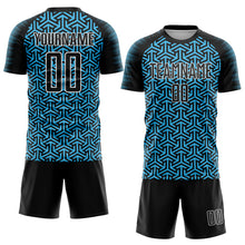 Load image into Gallery viewer, Custom Black Sky Blue-White Geometric Arrow Sublimation Soccer Uniform Jersey