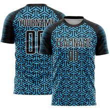 Load image into Gallery viewer, Custom Black Sky Blue-White Geometric Arrow Sublimation Soccer Uniform Jersey