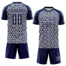 Load image into Gallery viewer, Custom Navy White Geometric Arrow Sublimation Soccer Uniform Jersey