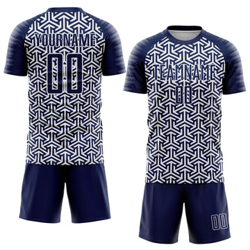Custom Navy White Geometric Arrow Sublimation Soccer Uniform Jersey