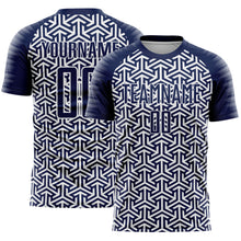 Load image into Gallery viewer, Custom Navy White Geometric Arrow Sublimation Soccer Uniform Jersey