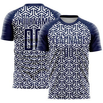 Custom Navy White Geometric Arrow Sublimation Soccer Uniform Jersey