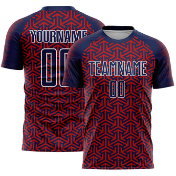 Custom Navy Red-White Geometric Arrow Sublimation Soccer Uniform Jersey