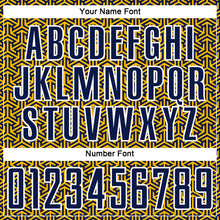 Laden Sie das Bild in den Galerie-Viewer, Custom Navy Gold-White Geometric Arrow Sublimation Soccer Uniform Jersey