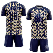 Laden Sie das Bild in den Galerie-Viewer, Custom Navy Cream-White Geometric Arrow Sublimation Soccer Uniform Jersey