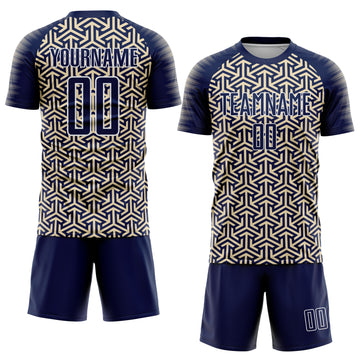 Custom Navy Cream-White Geometric Arrow Sublimation Soccer Uniform Jersey