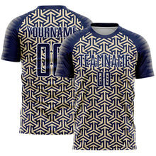 Laden Sie das Bild in den Galerie-Viewer, Custom Navy Cream-White Geometric Arrow Sublimation Soccer Uniform Jersey