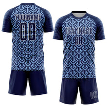 Laden Sie das Bild in den Galerie-Viewer, Custom Navy Light Blue-White Geometric Arrow Sublimation Soccer Uniform Jersey