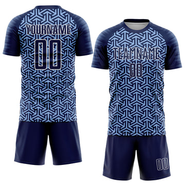 Custom Navy Light Blue-White Geometric Arrow Sublimation Soccer Uniform Jersey
