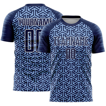 Custom Navy Light Blue-White Geometric Arrow Sublimation Soccer Uniform Jersey