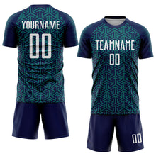 Laden Sie das Bild in den Galerie-Viewer, Custom Navy White-Teal Geometric Arrow Sublimation Soccer Uniform Jersey
