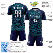 Laden Sie das Bild in den Galerie-Viewer, Custom Navy White-Teal Geometric Arrow Sublimation Soccer Uniform Jersey