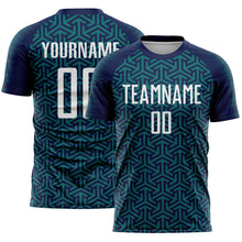 Laden Sie das Bild in den Galerie-Viewer, Custom Navy White-Teal Geometric Arrow Sublimation Soccer Uniform Jersey