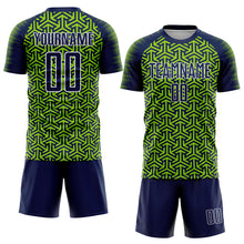 Laden Sie das Bild in den Galerie-Viewer, Custom Navy Neon Green-White Geometric Arrow Sublimation Soccer Uniform Jersey