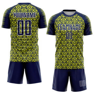 Custom Navy Neon Yellow-White Geometric Arrow Sublimation Soccer Uniform Jersey
