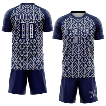 Custom Navy Gray-White Geometric Arrow Sublimation Soccer Uniform Jersey
