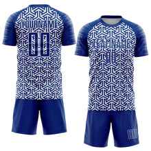 Laden Sie das Bild in den Galerie-Viewer, Custom Royal White Geometric Arrow Sublimation Soccer Uniform Jersey