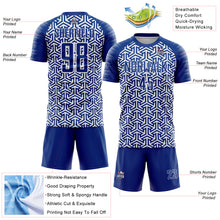 Laden Sie das Bild in den Galerie-Viewer, Custom Royal White Geometric Arrow Sublimation Soccer Uniform Jersey
