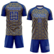 Laden Sie das Bild in den Galerie-Viewer, Custom Royal Old Gold-White Geometric Arrow Sublimation Soccer Uniform Jersey