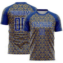 Laden Sie das Bild in den Galerie-Viewer, Custom Royal Old Gold-White Geometric Arrow Sublimation Soccer Uniform Jersey