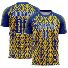 Laden Sie das Bild in den Galerie-Viewer, Custom Royal Yellow-White Geometric Arrow Sublimation Soccer Uniform Jersey