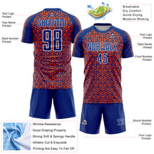 Laden Sie das Bild in den Galerie-Viewer, Custom Royal Orange-White Geometric Arrow Sublimation Soccer Uniform Jersey