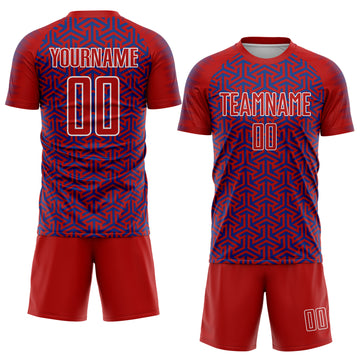 Custom Red Royal-White Geometric Arrow Sublimation Soccer Uniform Jersey