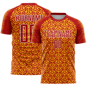 Custom Red Gold-White Geometric Arrow Sublimation Soccer Uniform Jersey